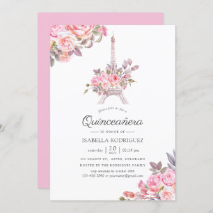 Convites Pink Floral Watercolor Paris com o tema Quinceañer