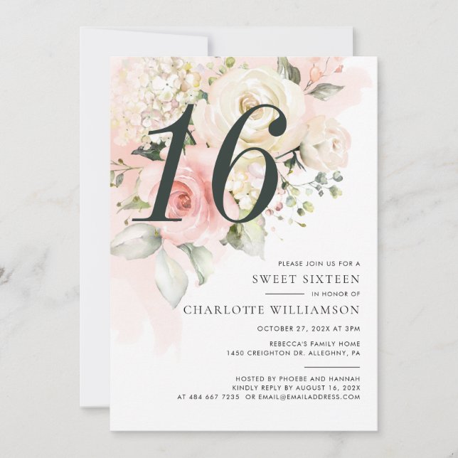 Convites Pink Floral Watercolor Sweet 16 Birthday Party (Frente)