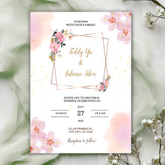 Convites Pink Floral Watercolor Wedding Invitation