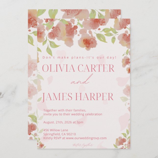 Convites Pink Floral Wedding Invitation – Elegant Rustic (Frente/Verso)