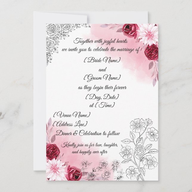 Convites Pink Floral Wedding Invitation | Elegant White  (Frente)