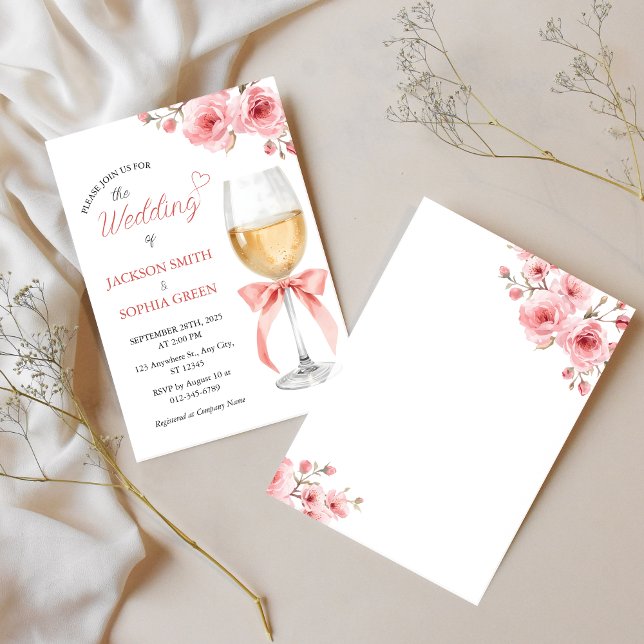 Convites Pink Floral Wine Glass Watercolor Wedding (Criador carregado)