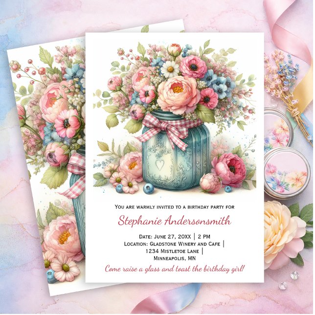 Convites Pink Flowers Mason Jar Birthday Party | Invitation (Criador carregado)