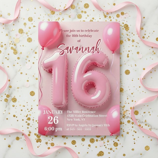 Convites Pink Foil Balloon Typography Sweet 16 Birthday (Criador carregado)
