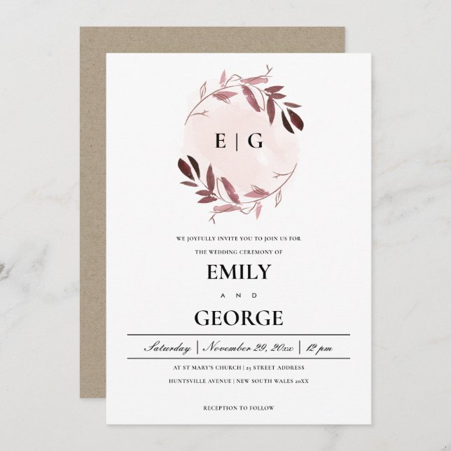 CONVITES PINK FOLIAGE WATERCOLOR WASH WREATH WEDDING (Frente/Verso)