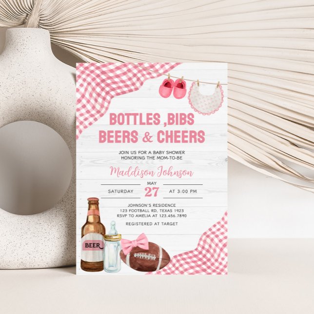 Convites Pink Football Baby Shower (Bottles, Bibs, Beers & Cheers Baby Shower Invitation)