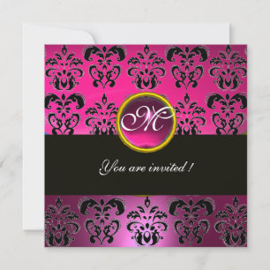 Convites PINK FUCHSIA BLACK DAMASK MONOGRAM, ametista