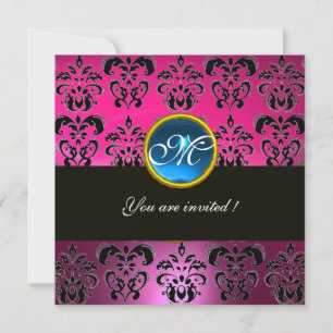Convites PINK FUCHSIA BLACK DAMASK MONOGRAM, safira azul