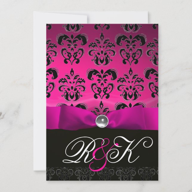 CONVITES PINK FUCHSIA RIBBON WHITE BLACK DAMASK MONOGRAMA (Frente)
