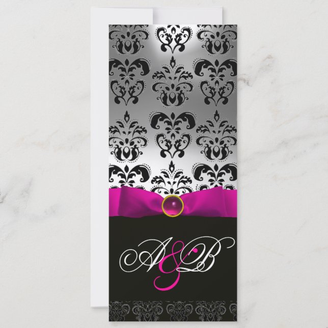 CONVITES PINK FUCHSIA RIBBON WHITE BLACK DAMASK MONOGRAMA (Frente)