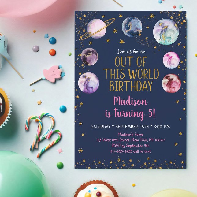 Convites Pink Galaxy Planets Girl Birthday (Criador carregado)