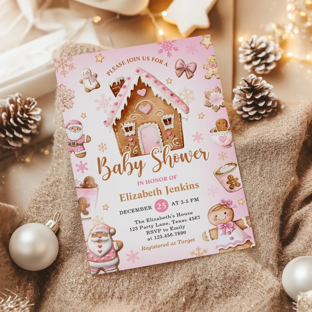 Convites Pink Gingerbread House Christmas Baby Shower (Criador carregado)