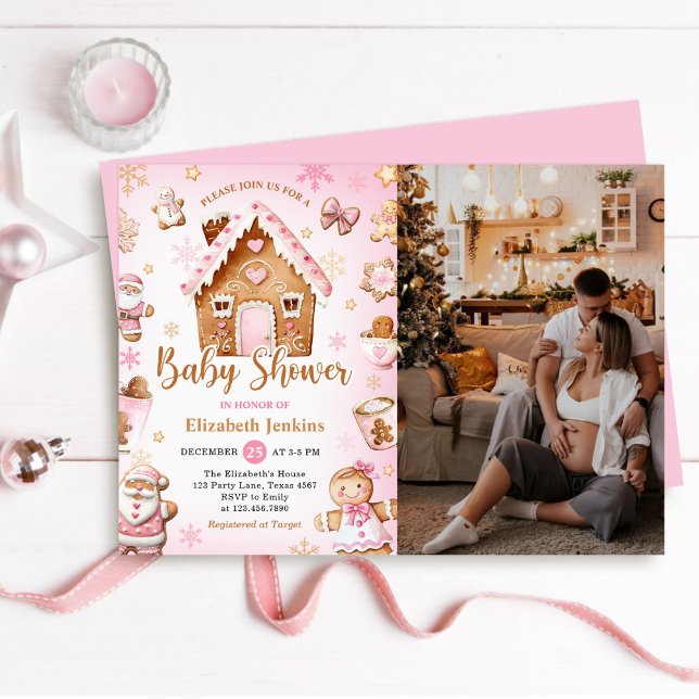 Convites Pink Gingerbread House Christmas Baby Shower Photo (Criador carregado)