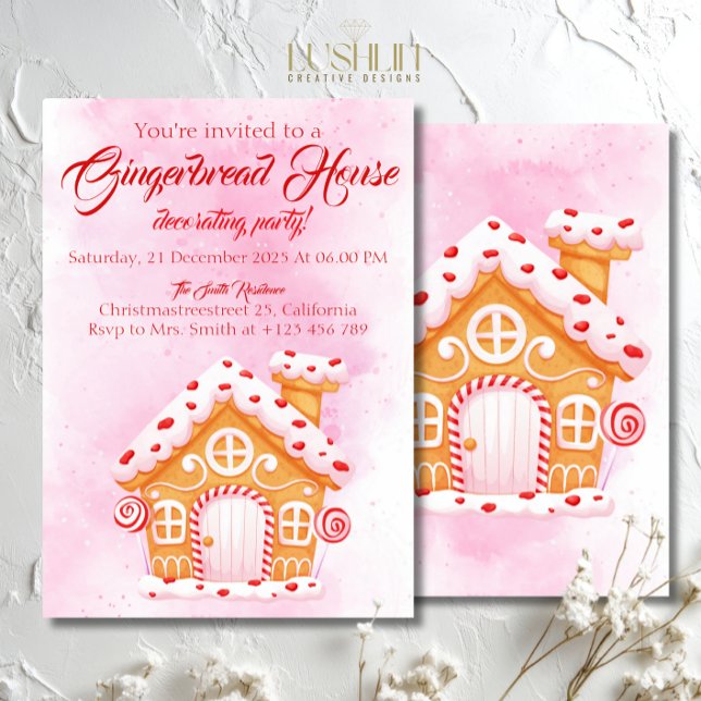 Convites Pink Gingerbread House Christmas Party Decorating  (Criador carregado)