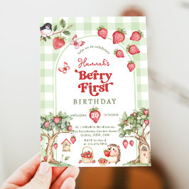 Convites Pink Gingham Berry First Strawberry 1st Birthday