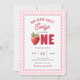 Convites Pink Gingham Berry First Strawberry Themed