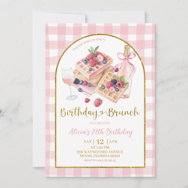 Convites Pink Gingham Bow Coquette Waffle Birthday Brunch (Frente)