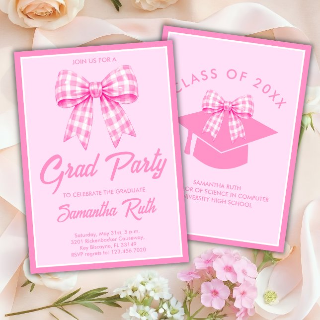 Convites Pink Gingham Bow Graduation Party (Criador carregado)