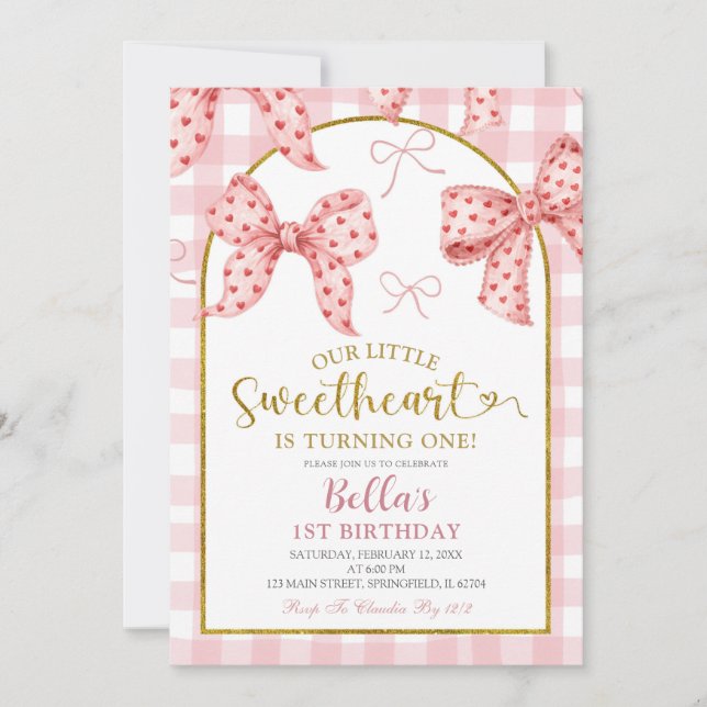 Convites Pink Gingham Bow Sweetheart Birthday  (Frente)