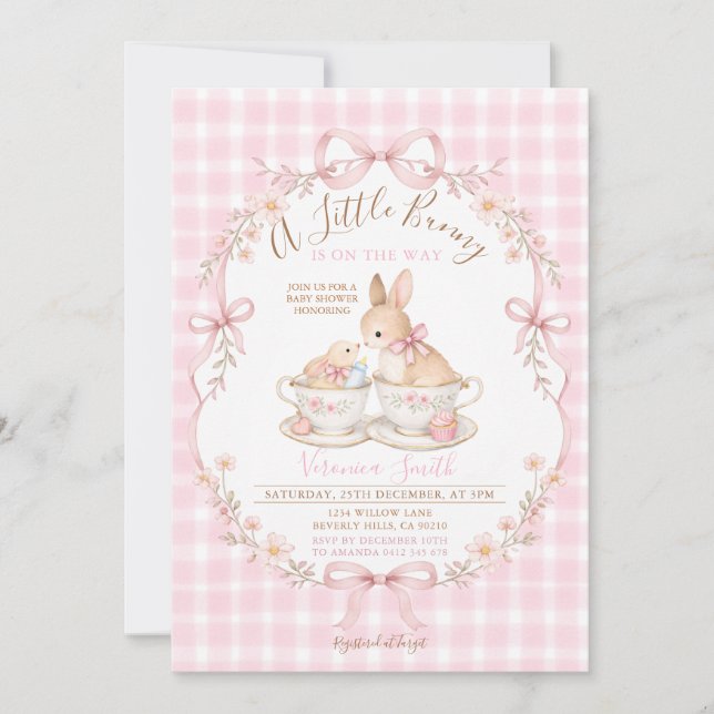 Convites Pink Gingham Bunny Baby Shower Blush Dusty Pink (Frente)