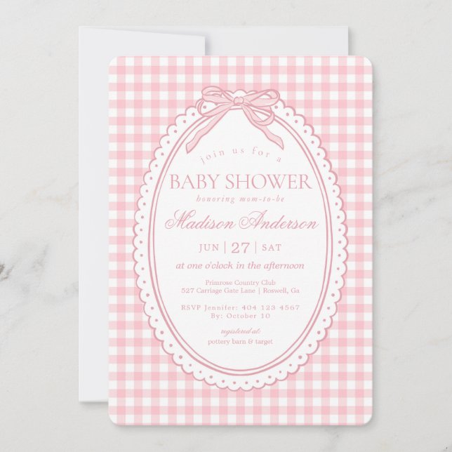 Convites Pink Gingham Coquette Bow Baby Shower (Frente)