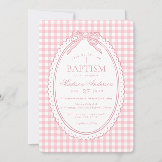 Convites Pink Gingham Coquette Bow Baptism (Frente)