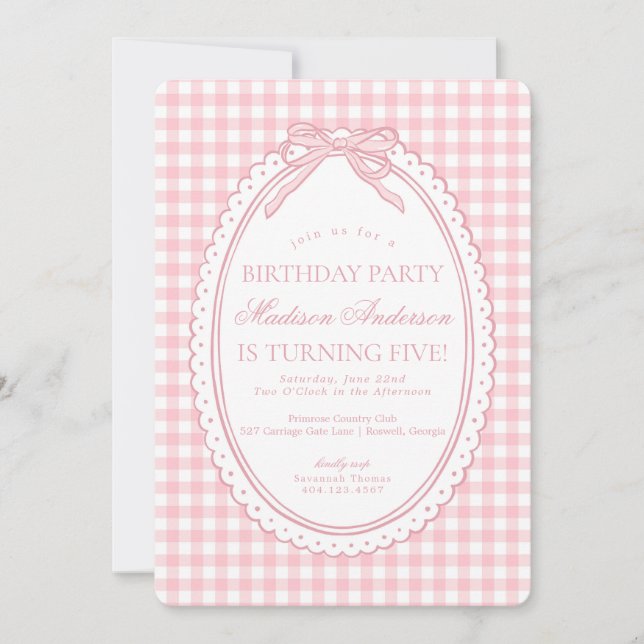 Convites Pink Gingham Coquette Bow Birthday Party (Frente)