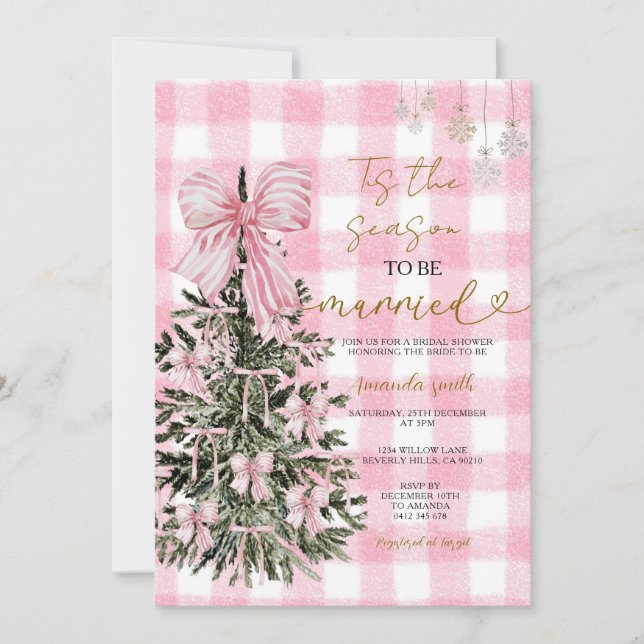 Convites Pink Gingham Coquette Christmas Tree Bridal Shower (Frente)