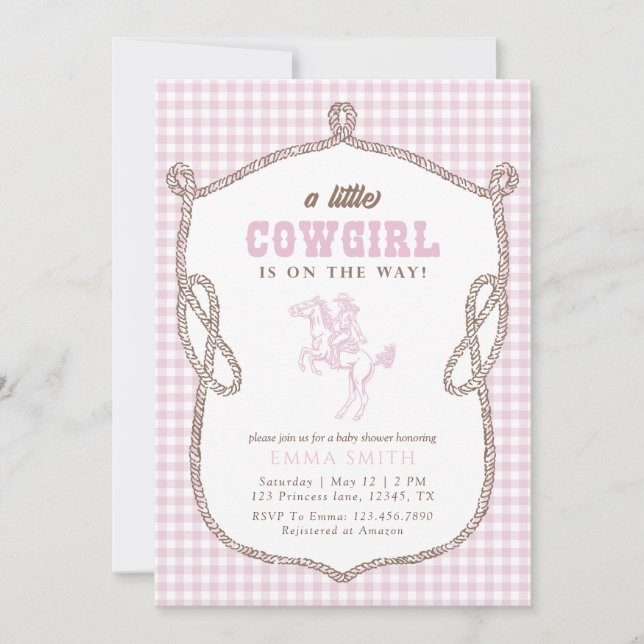Convites Pink Gingham Cowboy Baby Shower Vintage Preppy  (Frente)