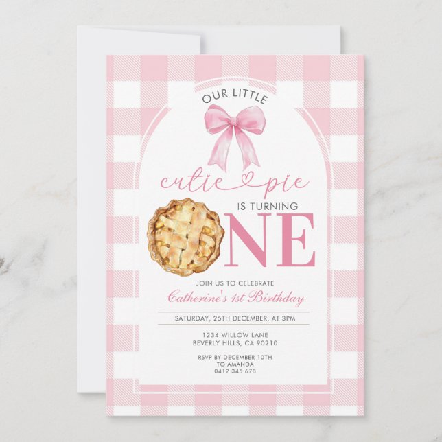 Convites Pink Gingham Cutie Pie First Birthday Invitation (Frente)