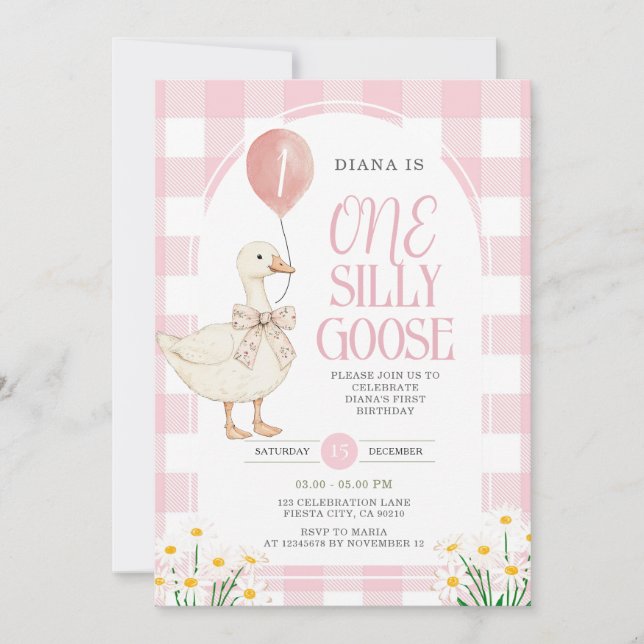 Convites PINK Gingham Daisy One Bobo Goose Birthday (Frente)