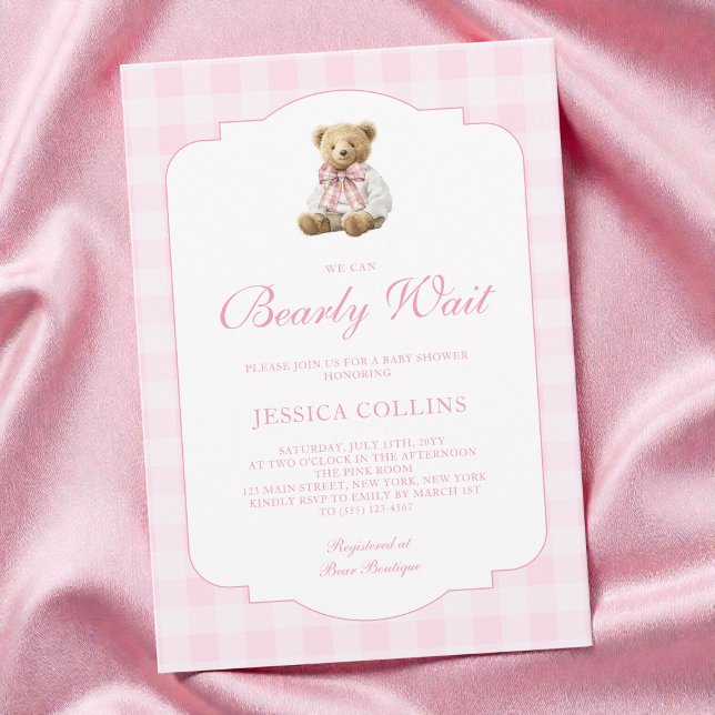 Convites Pink Gingham Girl We Can Bearly Wait Baby Shower (Pink Gingham Girl We Can Bearly Wait Baby Shower Invitation)