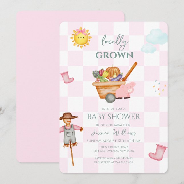 Convites Pink Gingham Locally grown Farmer Baby Shower (Frente/Verso)