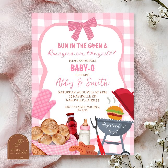 Convites Pink Gingham Plaid BabyQ baby shower Invitation (Criador carregado)