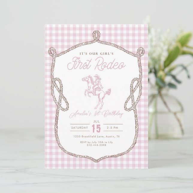Convites Pink Gingham Primeiro Rodeio Aniversário de 1 ano  (Em pé/Frente)