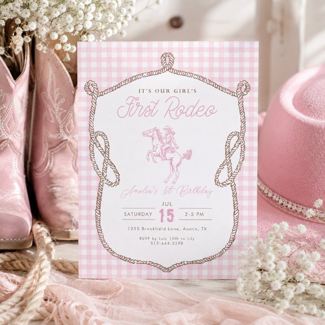 Convites Pink Gingham Primeiro Rodeio Aniversário de 1 ano  (Criador carregado)