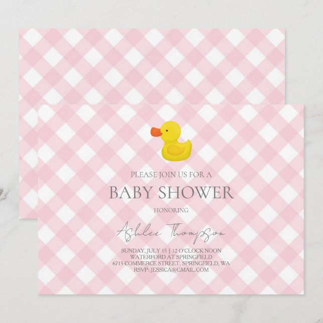 Convites Pink Gingham Rubber Duckie Baby Shower (Frente/Verso)
