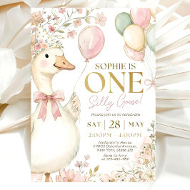 Convites Pink Gingham Silly Goose 1st Birthday Invitation 