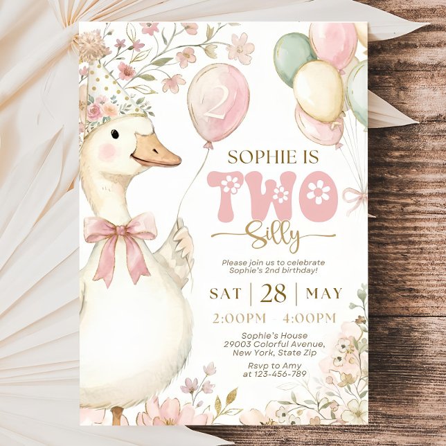 Convites Pink Gingham Silly Goose 2nd Birthday Invitation  (Criador carregado)