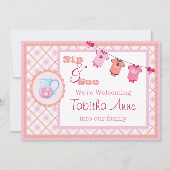 Convites Pink Gingham Sip e veja Bunting Baby Invitation (Frente)