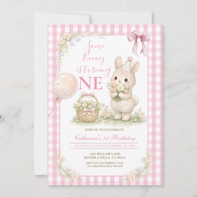 Convites Pink Gingham Some Bunny Is Turning One Birthday (Frente)