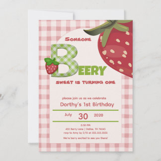 Convites Pink Gingham Strawberry Berry First Birthday  Invi