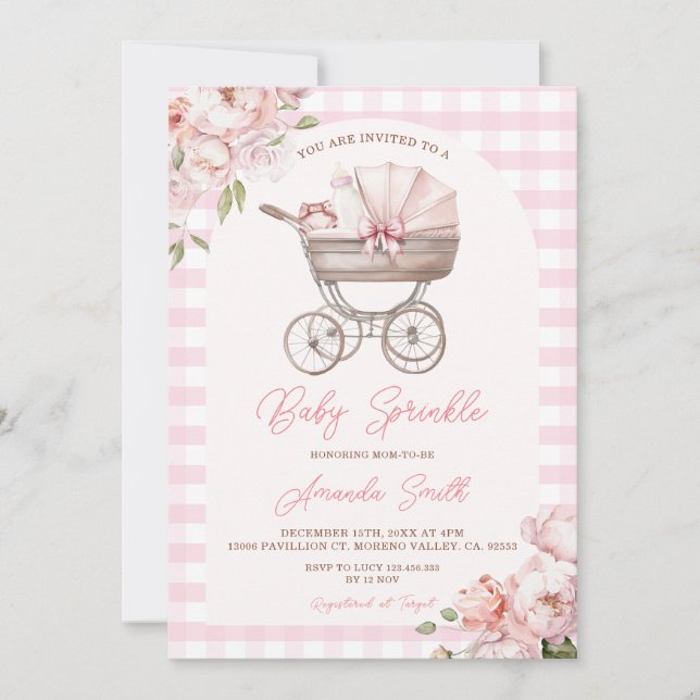 Convites Pink Gingham Stroller Floral Girl Baby Sprinkle (Frente)