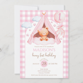 Convites Pink Gingham Teddy Bear Balloon Girl 1st Birthday