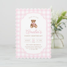 Pink Gingham Teddy Bear Beary First Birthday
