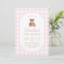Convites Pink Gingham Teddy Bear Beary First Birthday