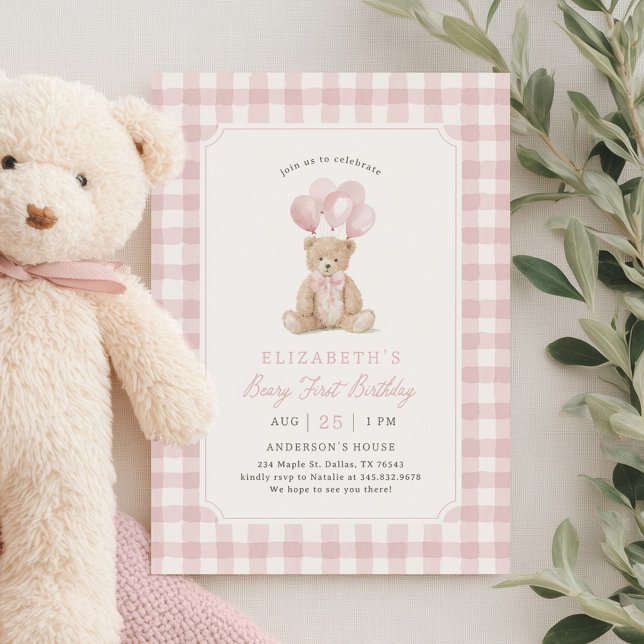 Convites Pink Gingham Teddy Bear Beary First Birthday (Criador carregado)