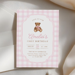 Convites Pink Gingham Teddy Bear Beary First Birthday
