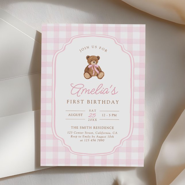 Convites Pink Gingham Teddy Bear Beary First Birthday (Criador carregado)