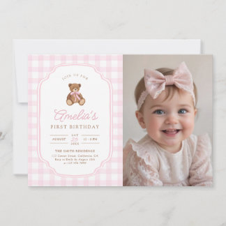 Convites Pink Gingham Teddy Bear Beary First Birthday Photo